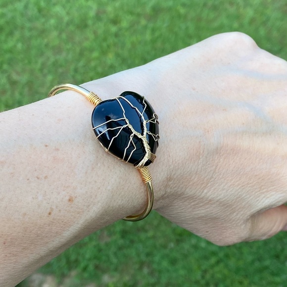 Genuine Black Onyx gemstone Heart Bracelet tree of life wire wrapped bracelet - Picture 11 of 12